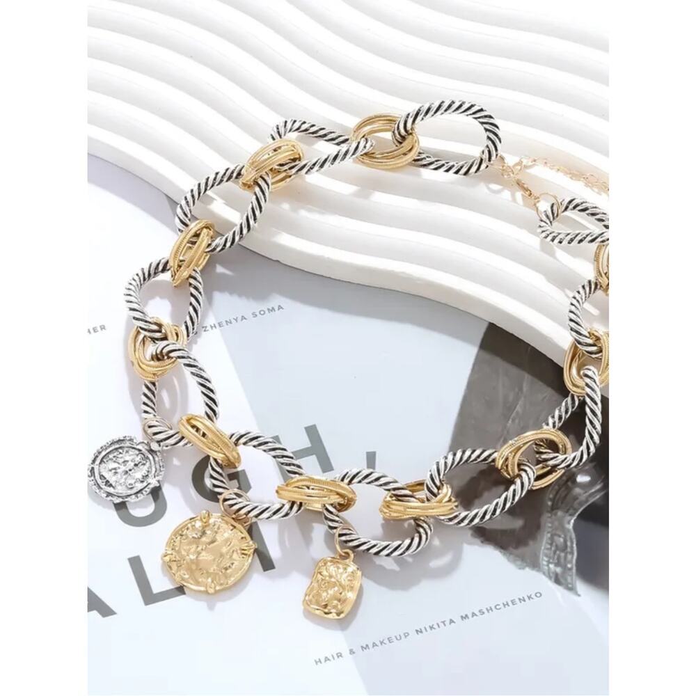 Zara Stainless Steel Two Tone Coin Statement Necklace Chunky Vintage Luxe Boho - Picture 15 of 15